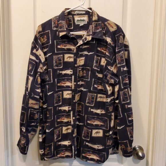 🎣 Vintage Mountain Tek Fishing / Fisherman Print Button Down Dad Shirt - XL - Picture 2 of 6
